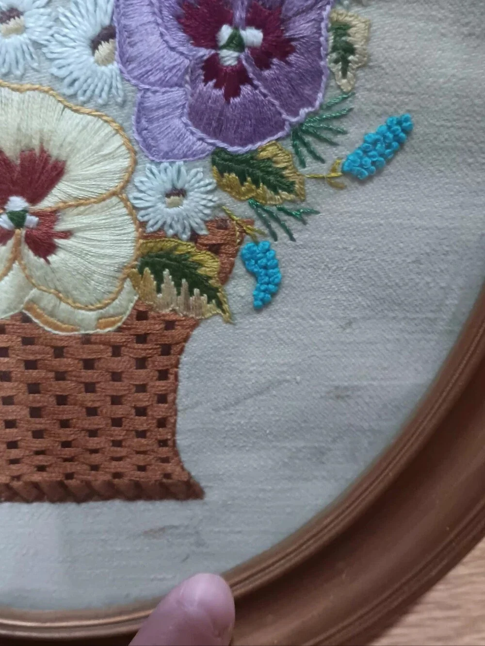Vintage Completed Framed Floral Embroidery Wall Art - Purple and Cream Pansies